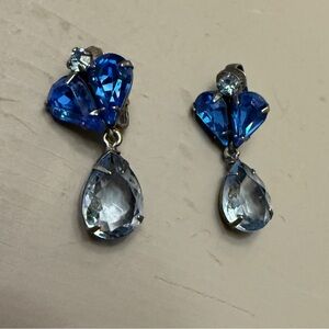 Faux Sapphire Dark Blue and Light Blue Rhinestone Dangle Clip On Earrings VTG.